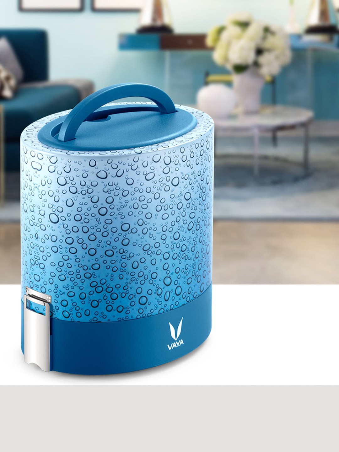 

Vaya Blue Printed Stainless Steel Double-Walled Vacuum Lunch Box With Lunch Bag 1L