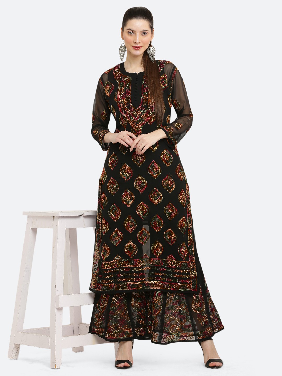 

FAWOMENT Women Black Ethnic Motifs Embroidered Chikankari Kurta with Sharara