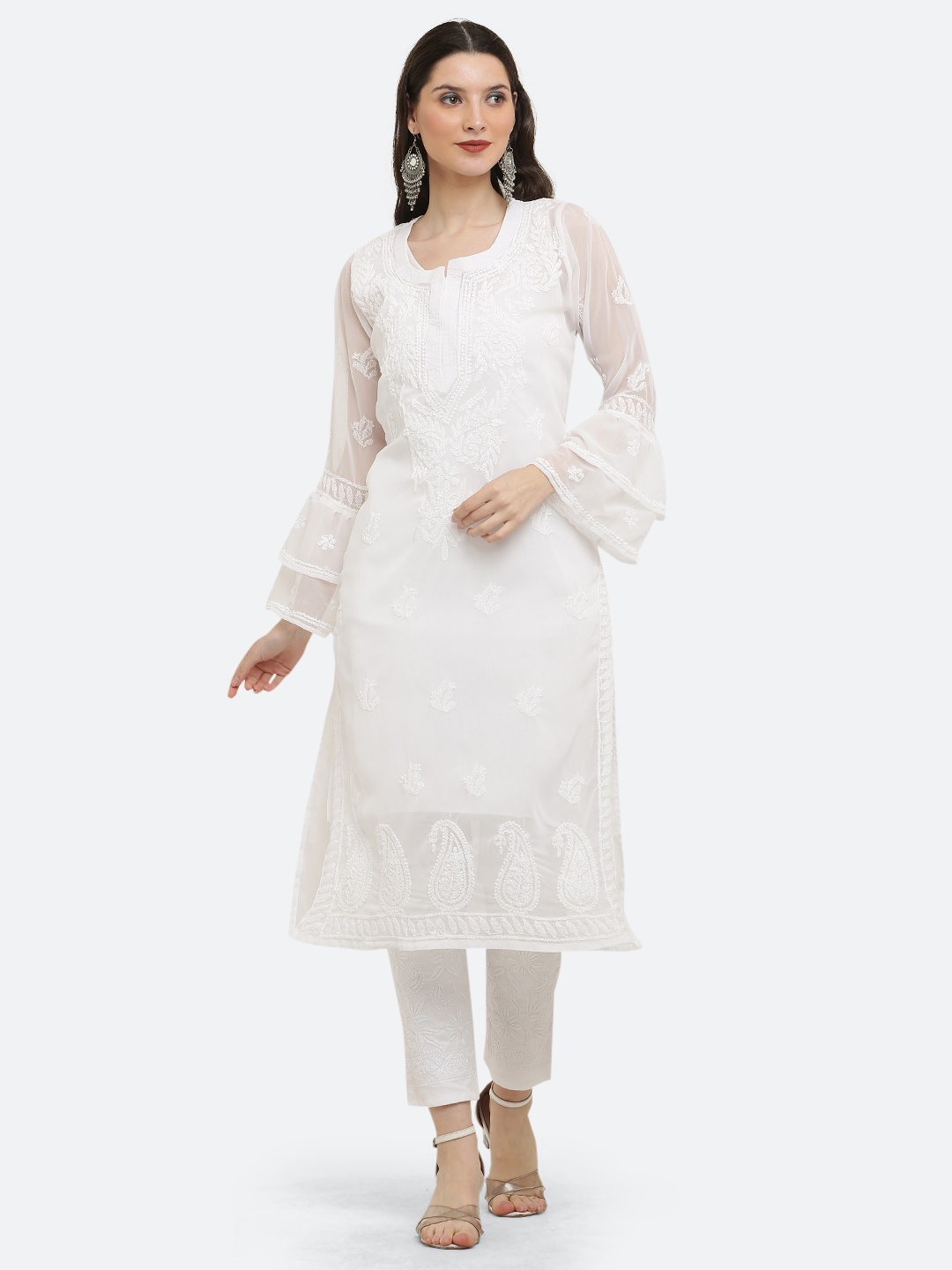 

FAWOMENT Ethnic Motifs Embroidered Bell Sleeves Chikankari A-Line Regular Georgette Kurta, White