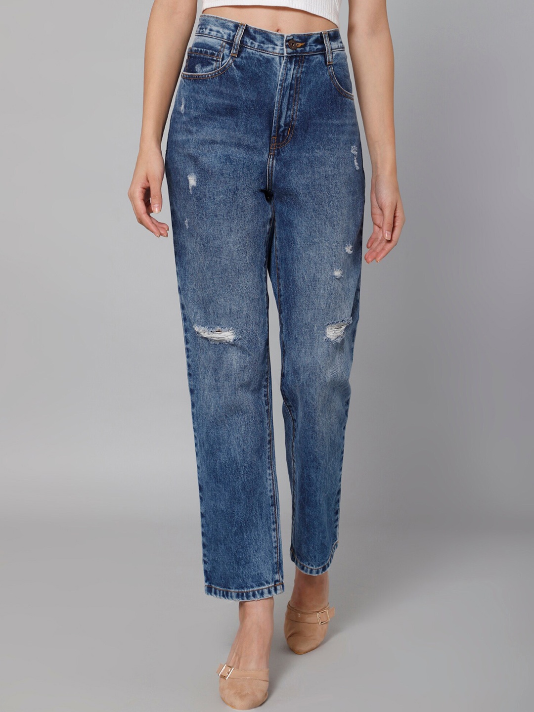 

Cantabil Women Blue Mildly Distressed Heavy Fade Regular Fit Cotton Jeans