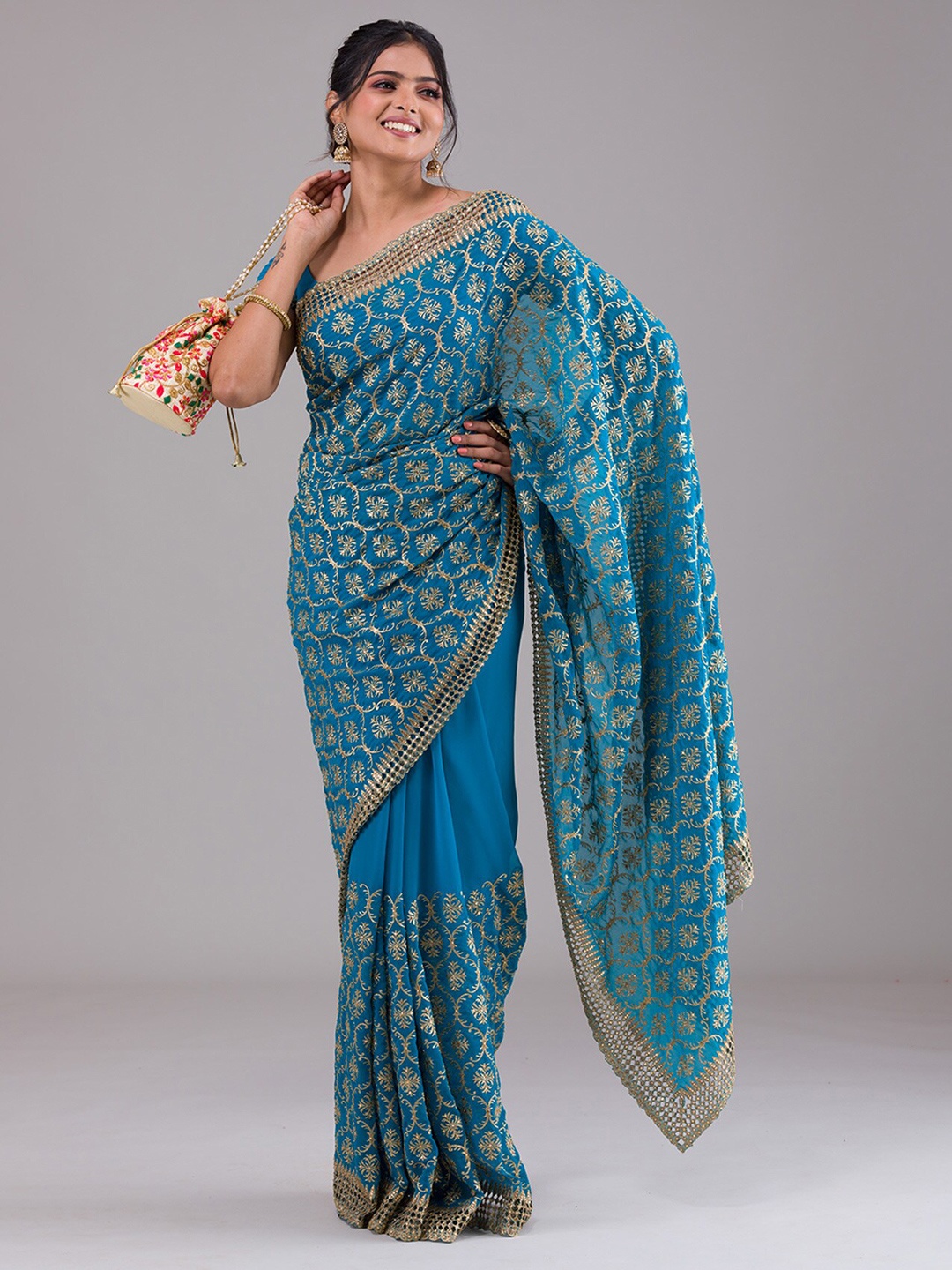 

Koskii Turquoise Blue & Gold-Toned Embellished Zari Saree