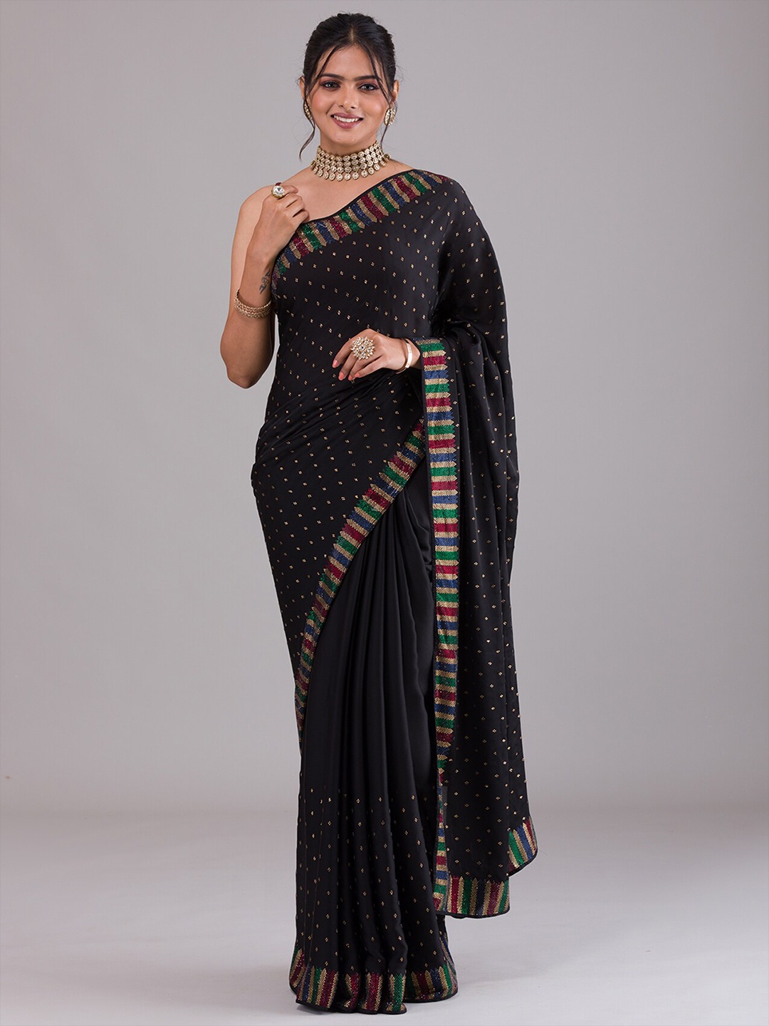 

Koskii Black & Gold-Toned Embellished Satin Saree