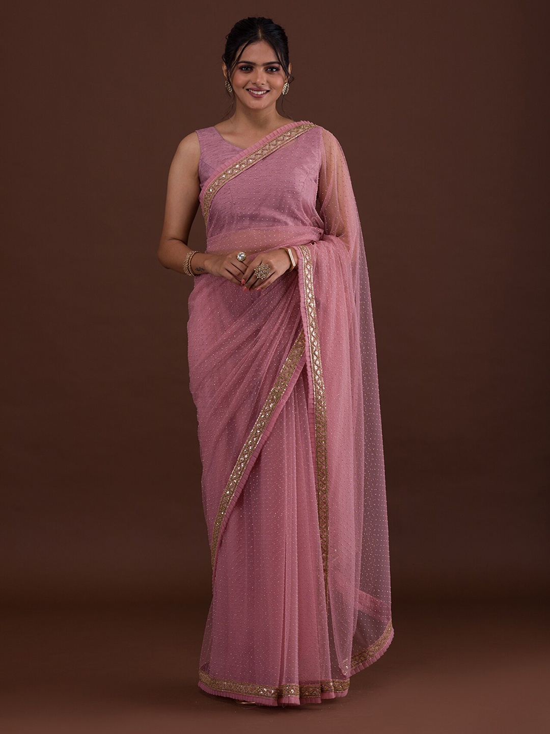 

Koskii Pink & Gold-Toned Embellished Sequinned Supernet Saree