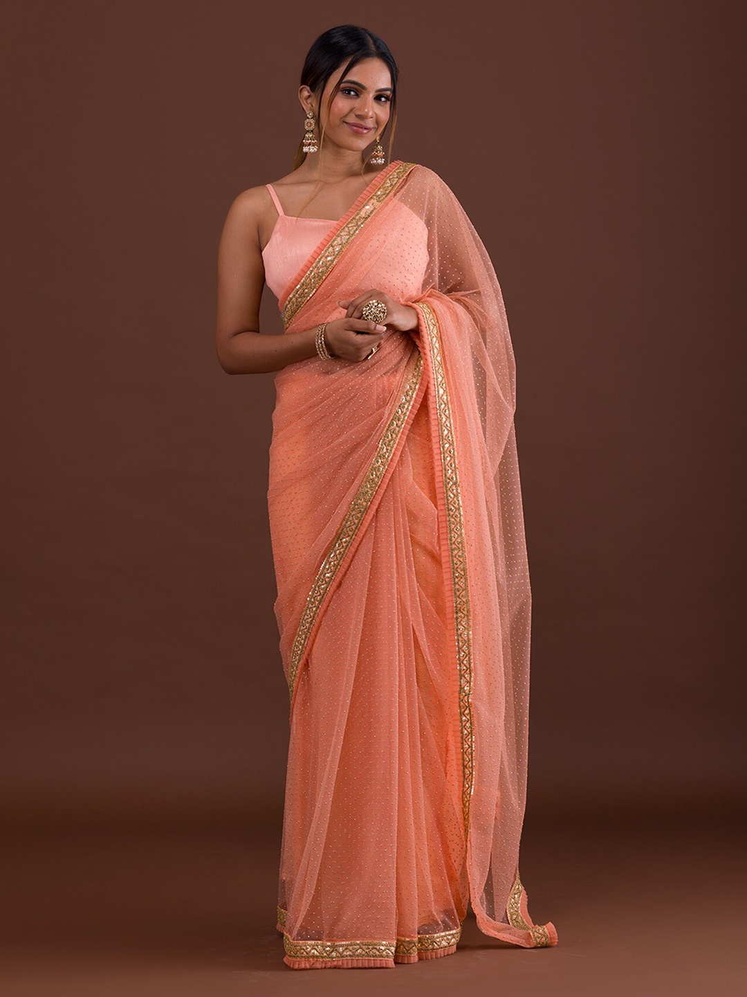 

Koskii Peach-Coloured & Gold-Toned Embellished Sequinned Supernet Saree