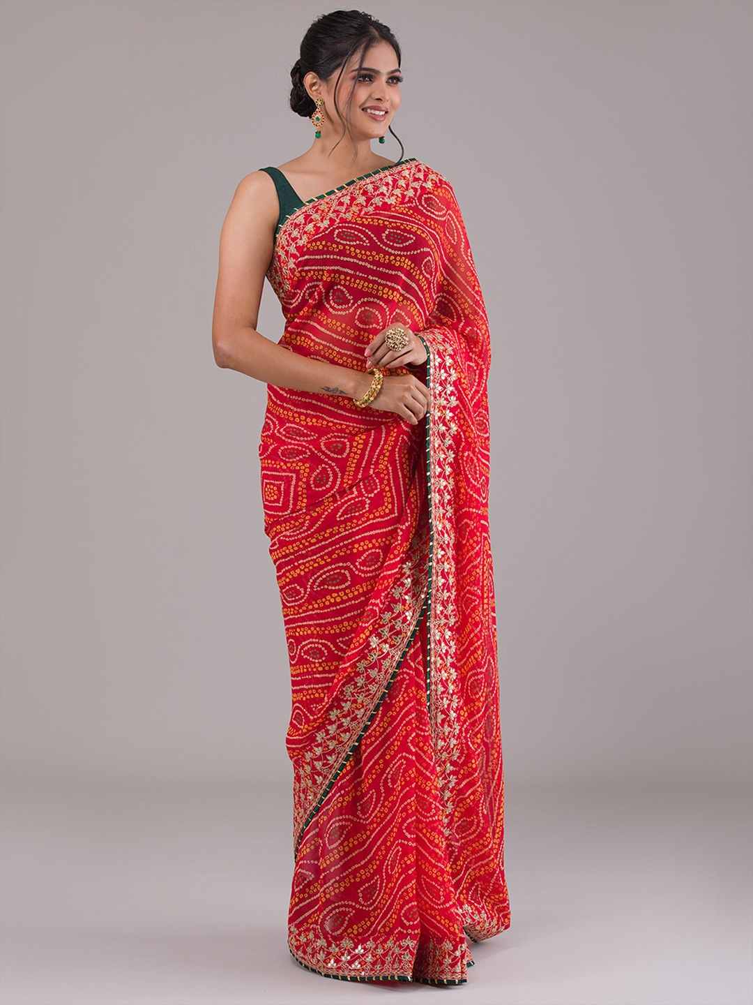 

Koskii Red & Yellow Bandhani Gotta Patti Bandhani Saree