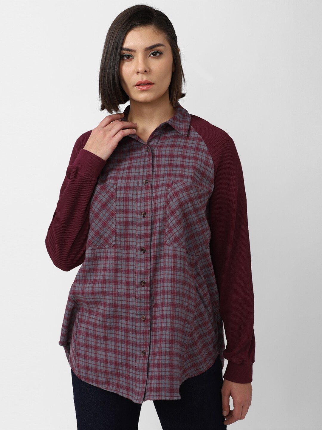 

FOREVER 21 Women Maroon Tartan Checked Cotton Casual Shirt
