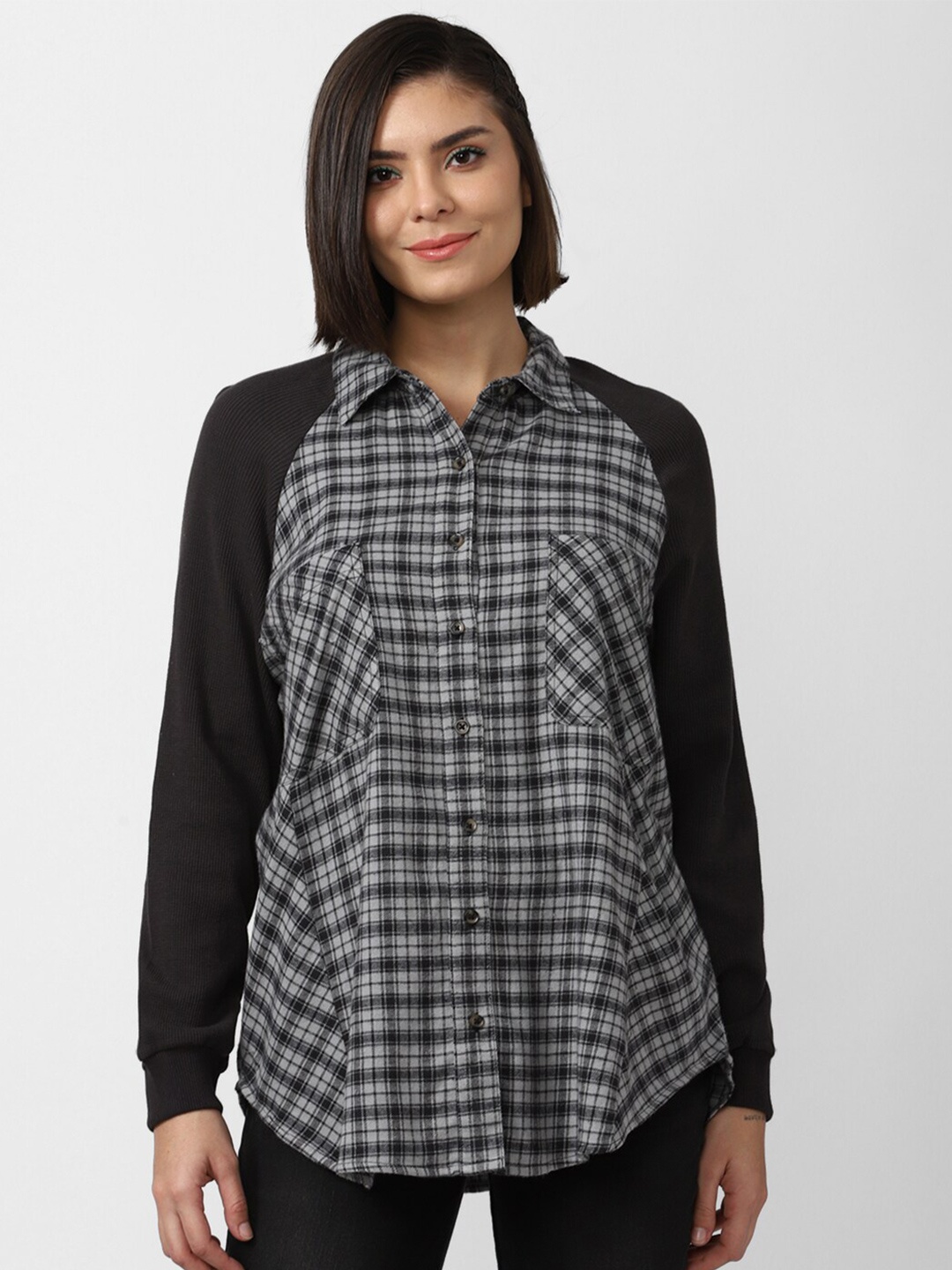 

FOREVER 21 Women Grey Tartan Checked Cotton Casual Shirt