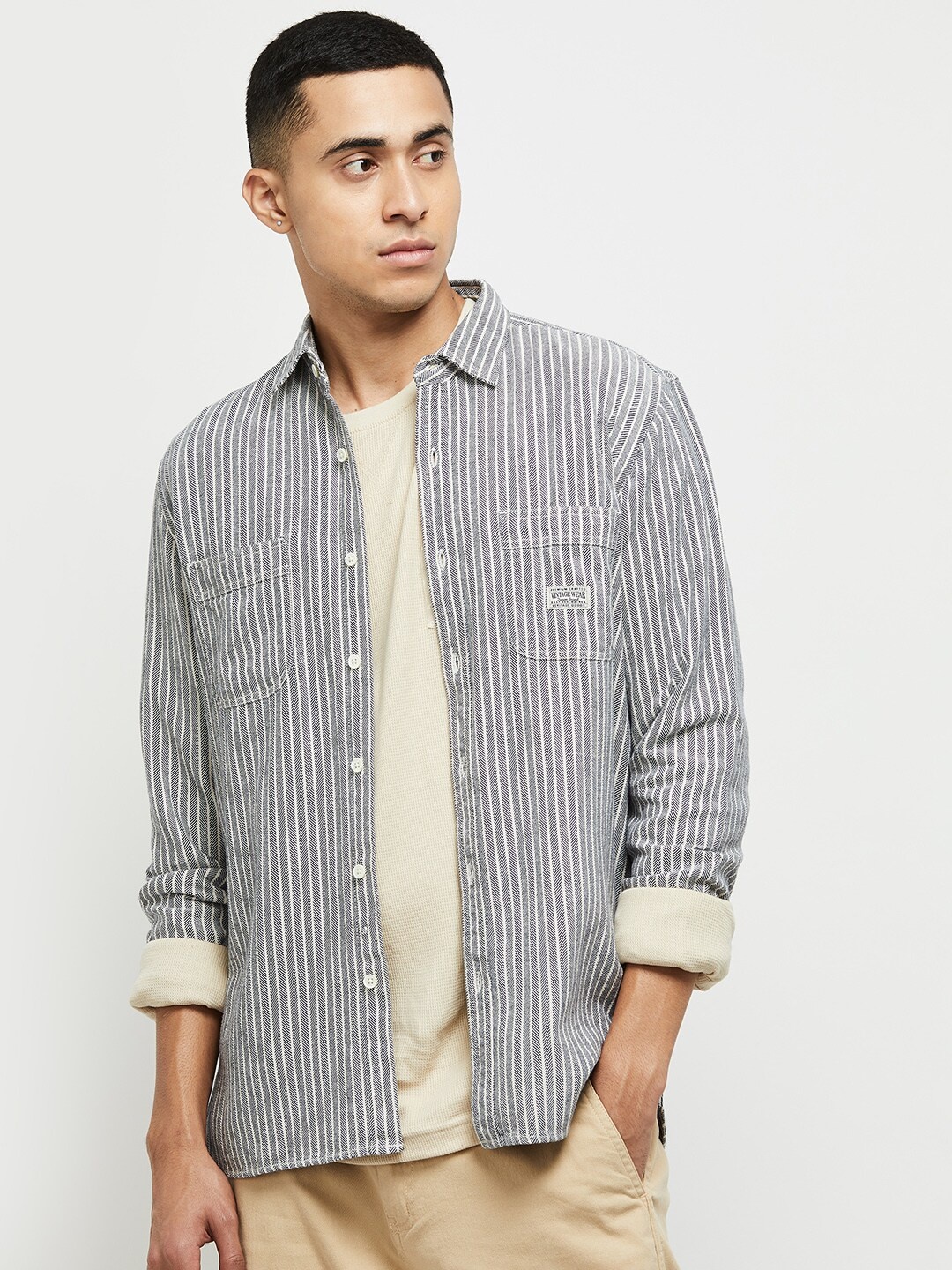 

max Men Striped Cotton Casual Shirt, Off white