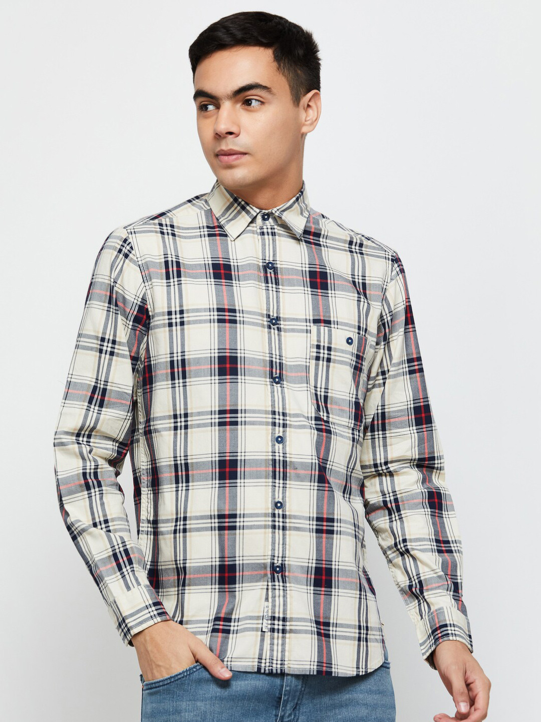 

max Men Tartan Checks Checked Cotton Casual Shirt, Off white