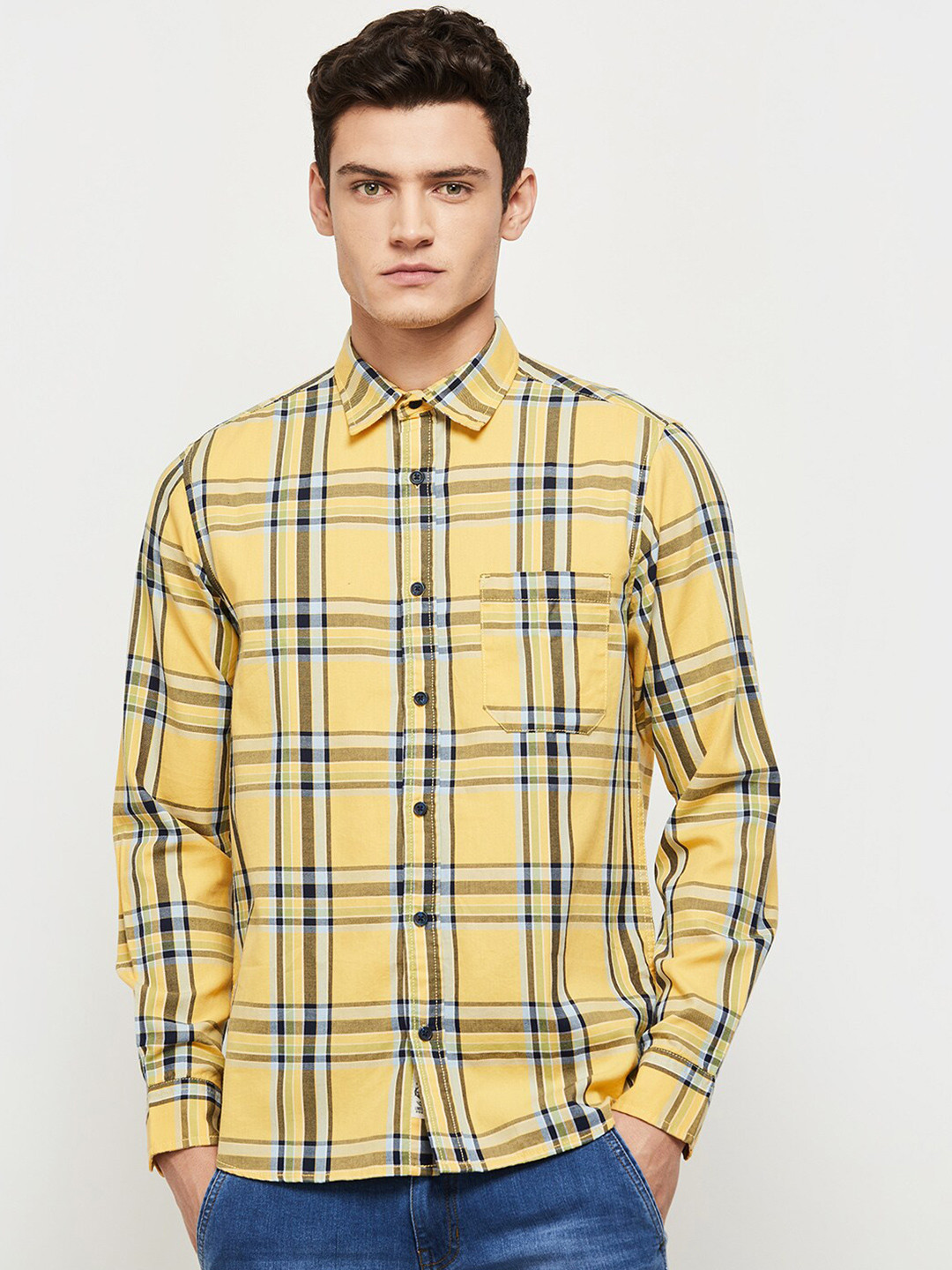 

max Men Checked Cotton Casual Shirt, Yellow