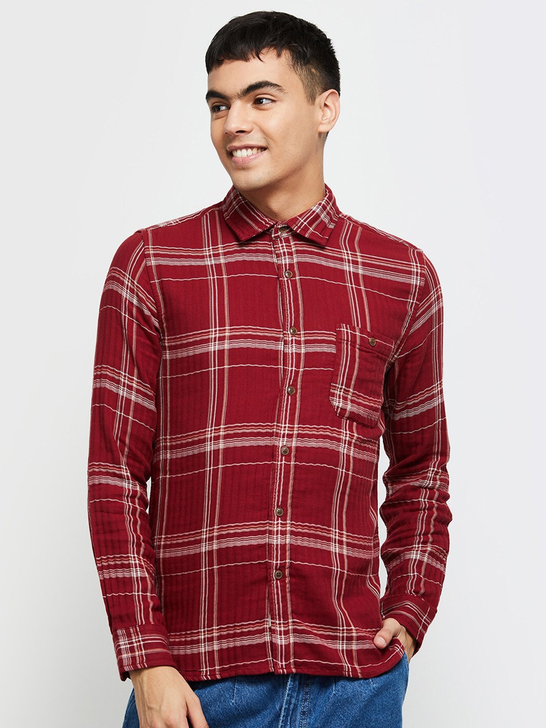 

max Men Checked Cotton Casual Shirt, Brown