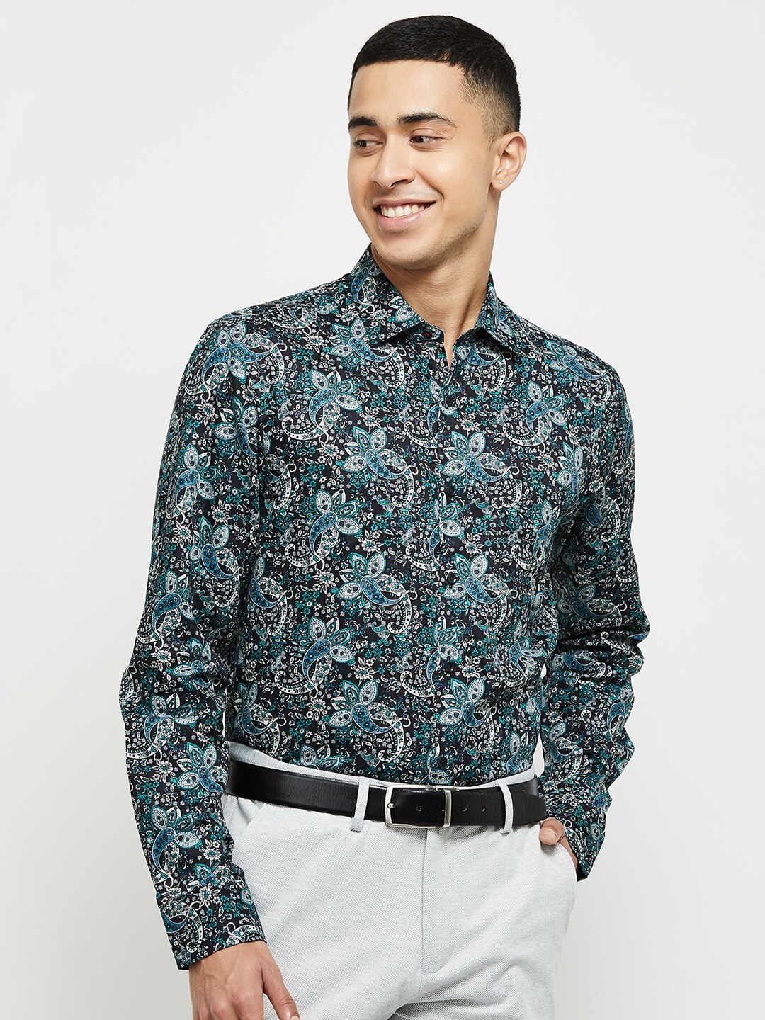 

max Men Teal Printed Pure Cotton Formal Shirt