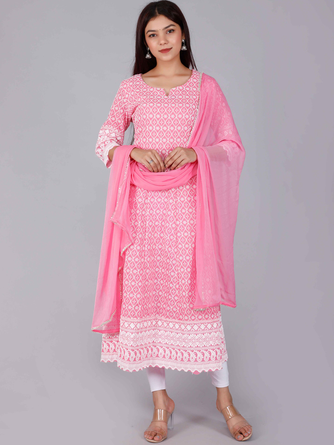 

MIRAVAN V-Neck Floral Embroidered Chikankari Cotton Kurta With Dupatta, Pink