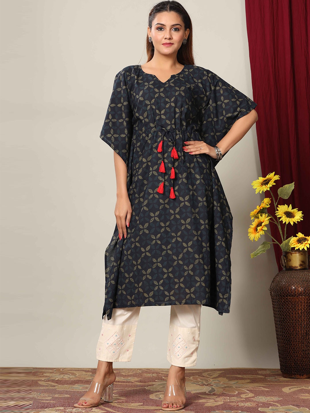 

MIRAVAN V-Neck Floral Printed Flared Sleeves Kaftan Cotton Kurta, Blue