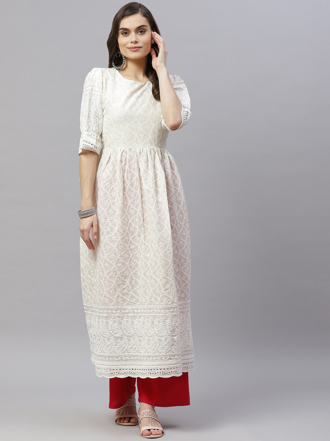 

MIRAVAN Ethnic Motifs Embroidered Cotton Anarkali Kurta, Beige