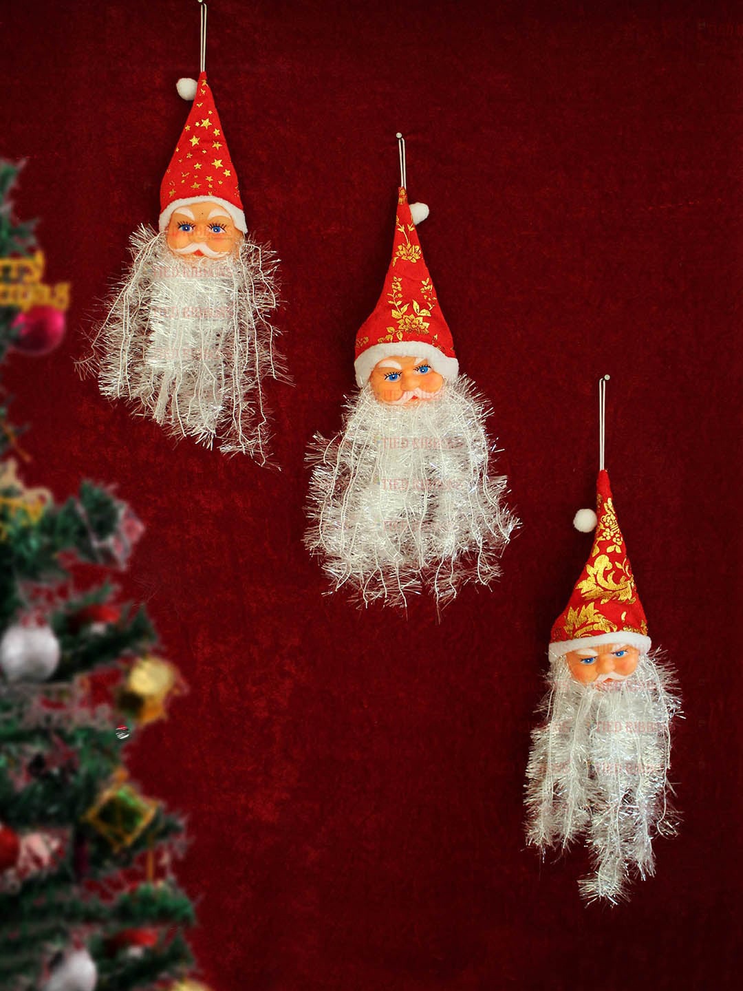 

TIED RIBBONS Set Of 3 Red & White Christmas Santa Face Wall Door Tree Hanging Ornaments