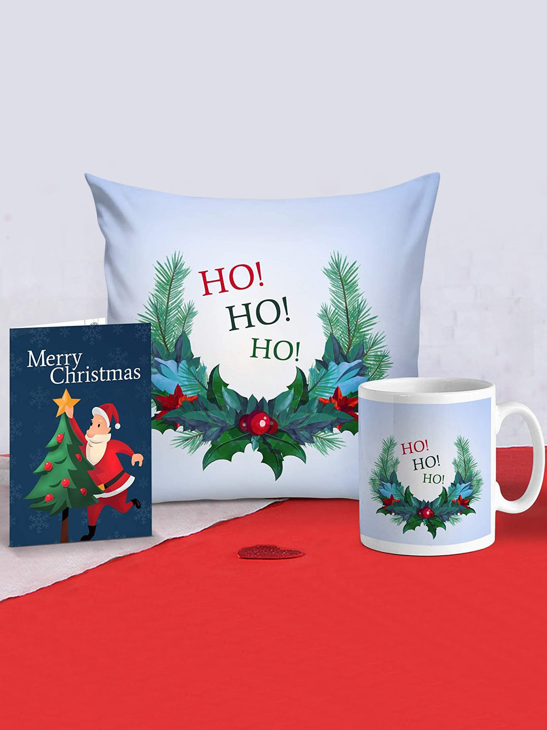 

TIED RIBBONS Christmas Printed Cushion with Filler Coffee Mug & Card Gift Pack, White