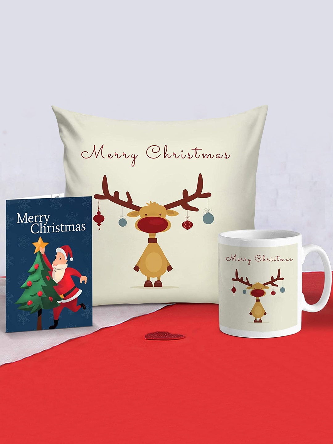 

TIED RIBBONS Christmas Printed Cushion Cover with Filler Coffee Mug & Card Gift Pack, Off white