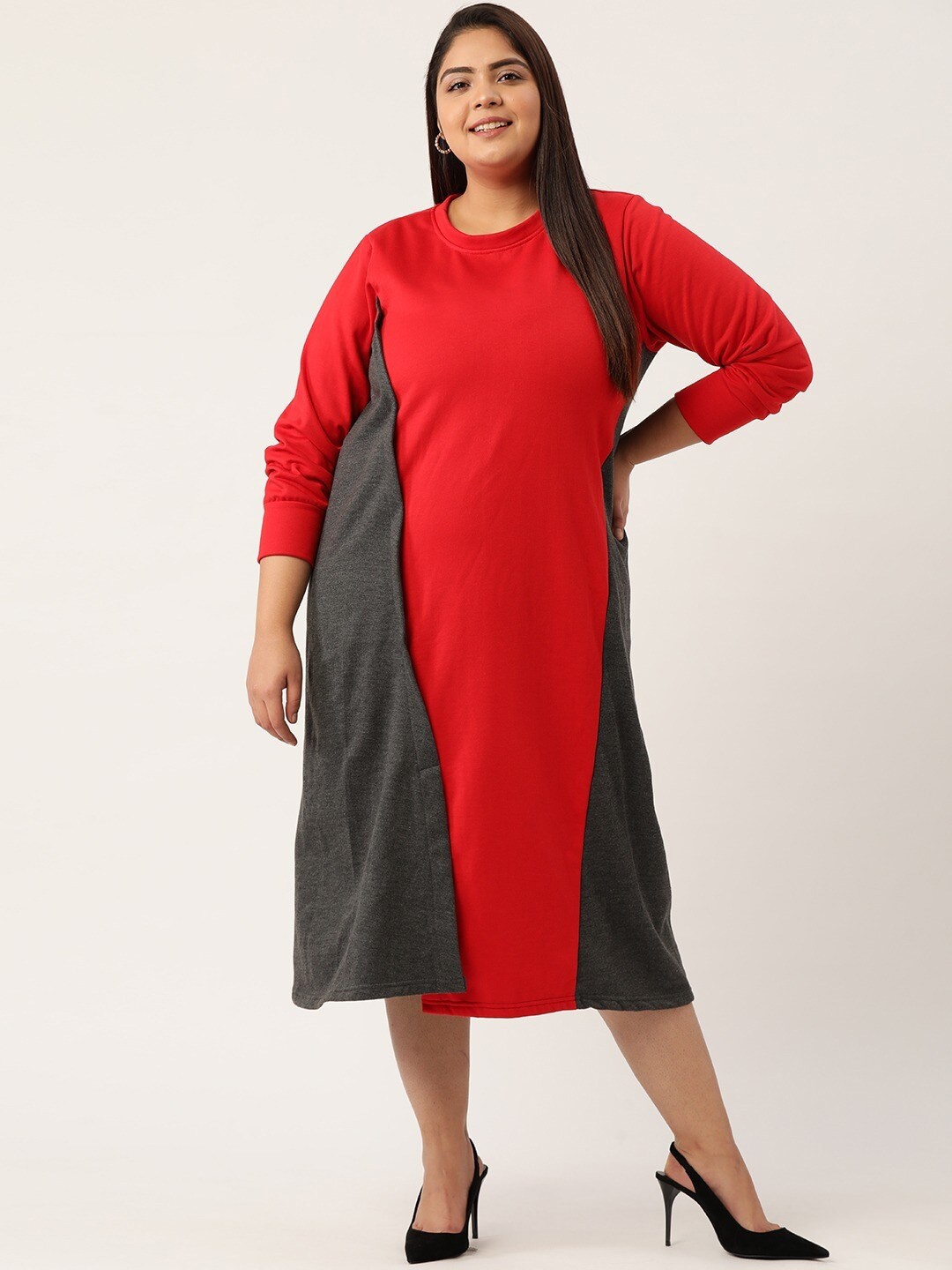 

theRebelinme Red Plus Size Colourblocked A-Line Midi Dress