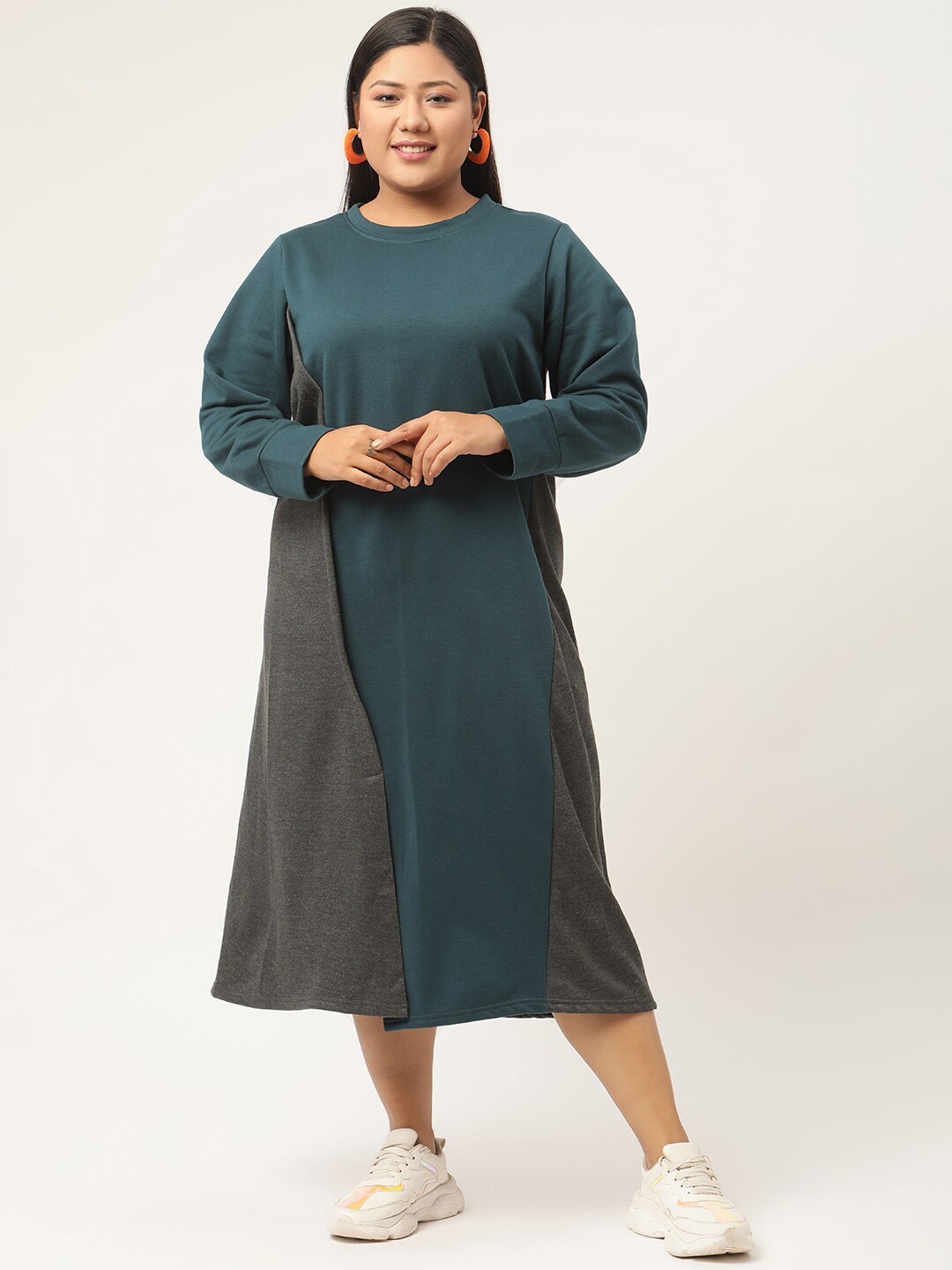 

theRebelinme Teal & Grey Plus Size Colourblocked A-Line Midi Dress