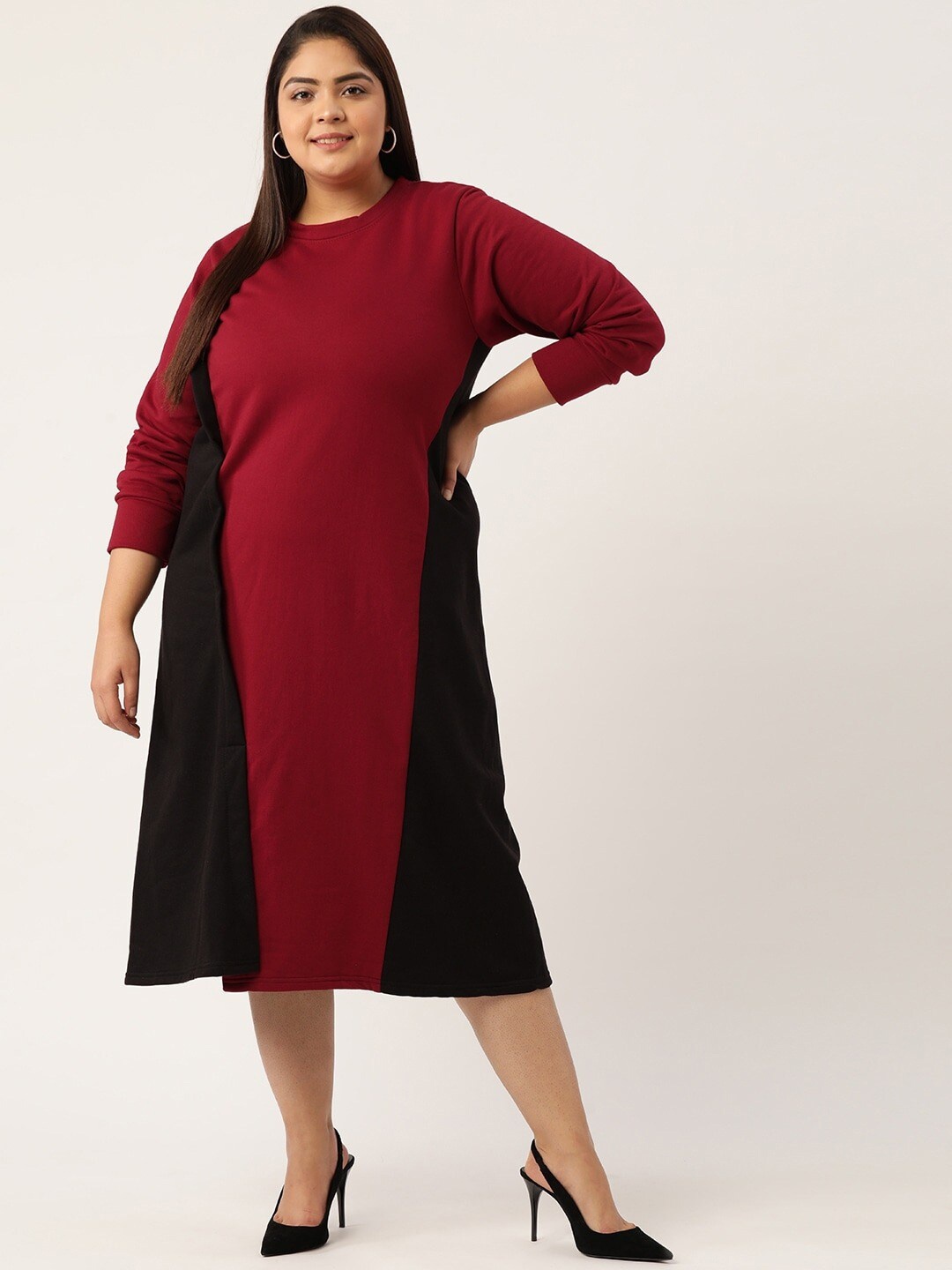 

theRebelinme Maroon Plus Size Colourblocked A-Line Midi Dress