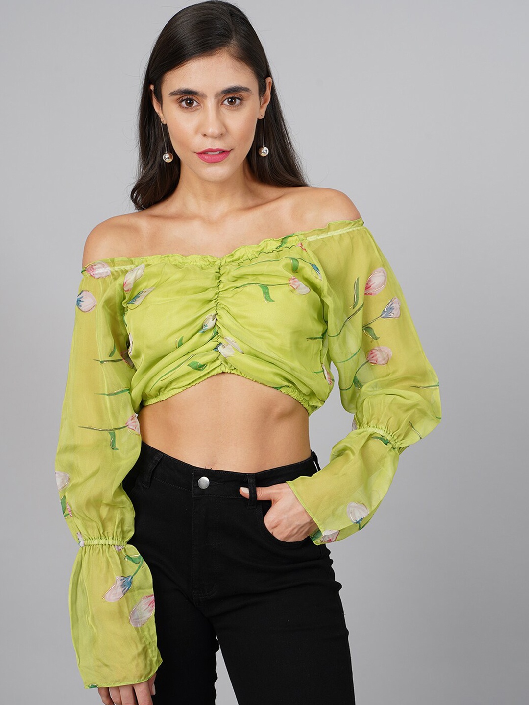 

SCORPIUS Women Green Print Off-Shoulder Bardot Crop Top