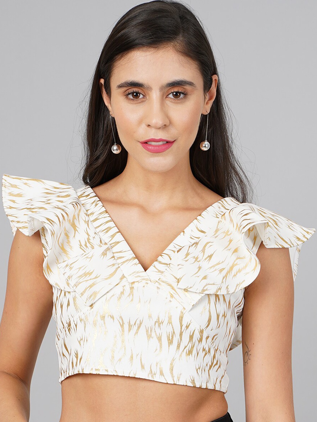 

SCORPIUS Women Cream-Coloured Floral Print Scuba Crop Top