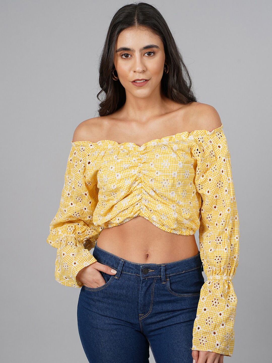 

SCORPIUS Women Yellow Floral Print Off-Shoulder Bardot Crop Top