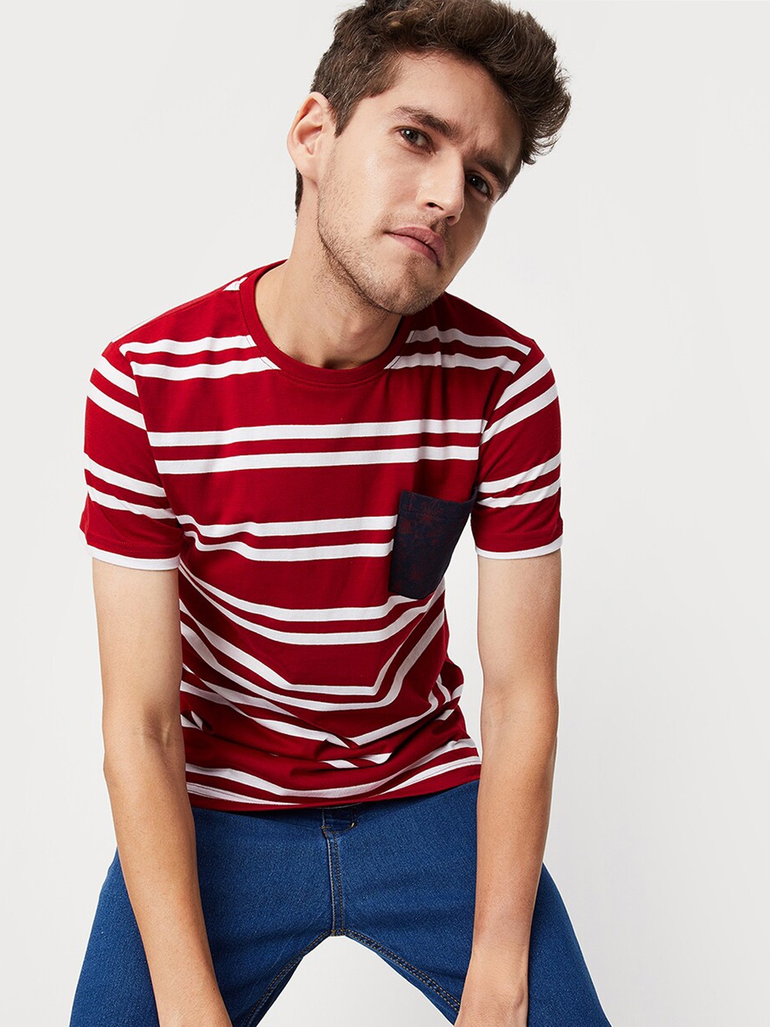 

max Men Red Striped Cotton T-shirt