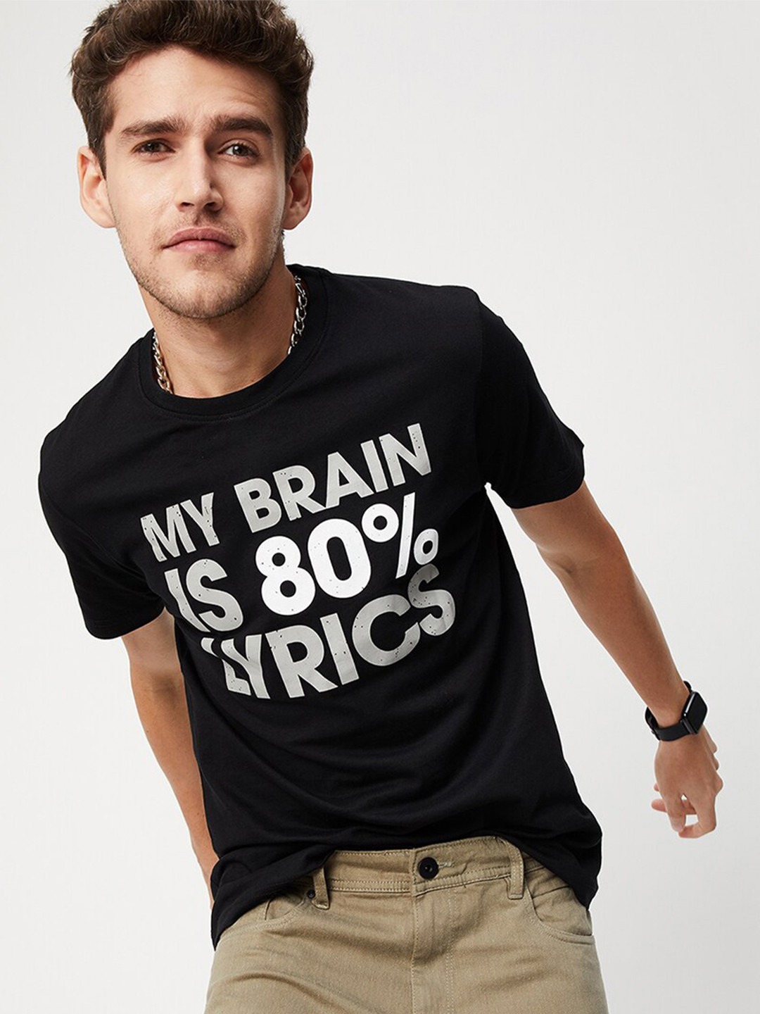

max Men Black & White Typography Printed Cotton T-shirt