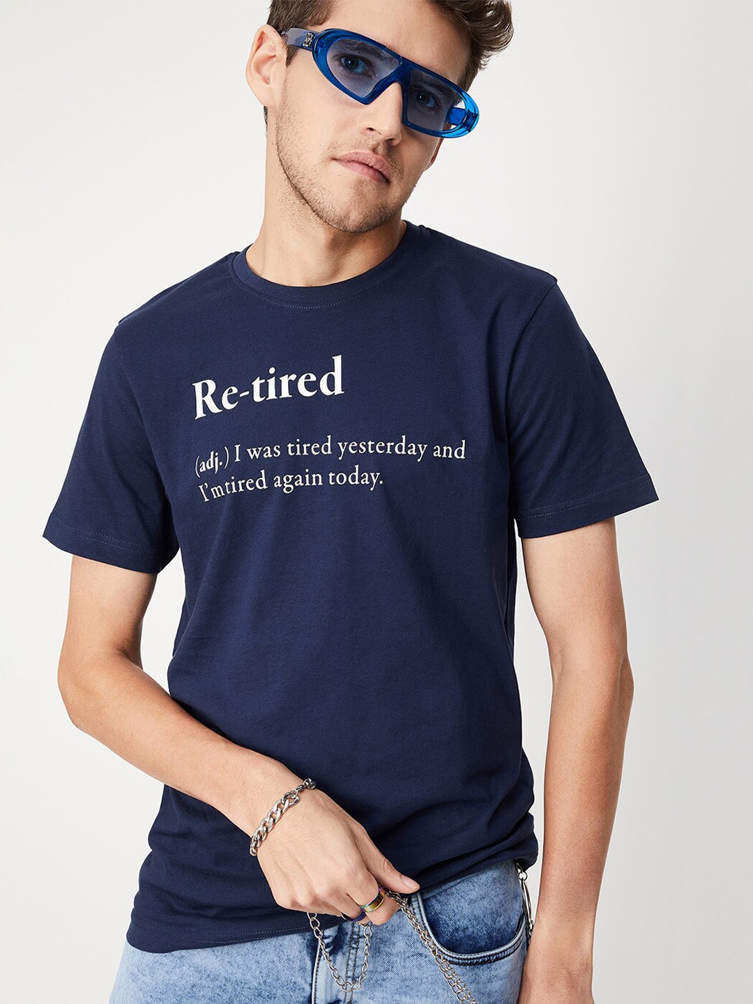 max Men Blue Typography Printed Cotton T-shirt