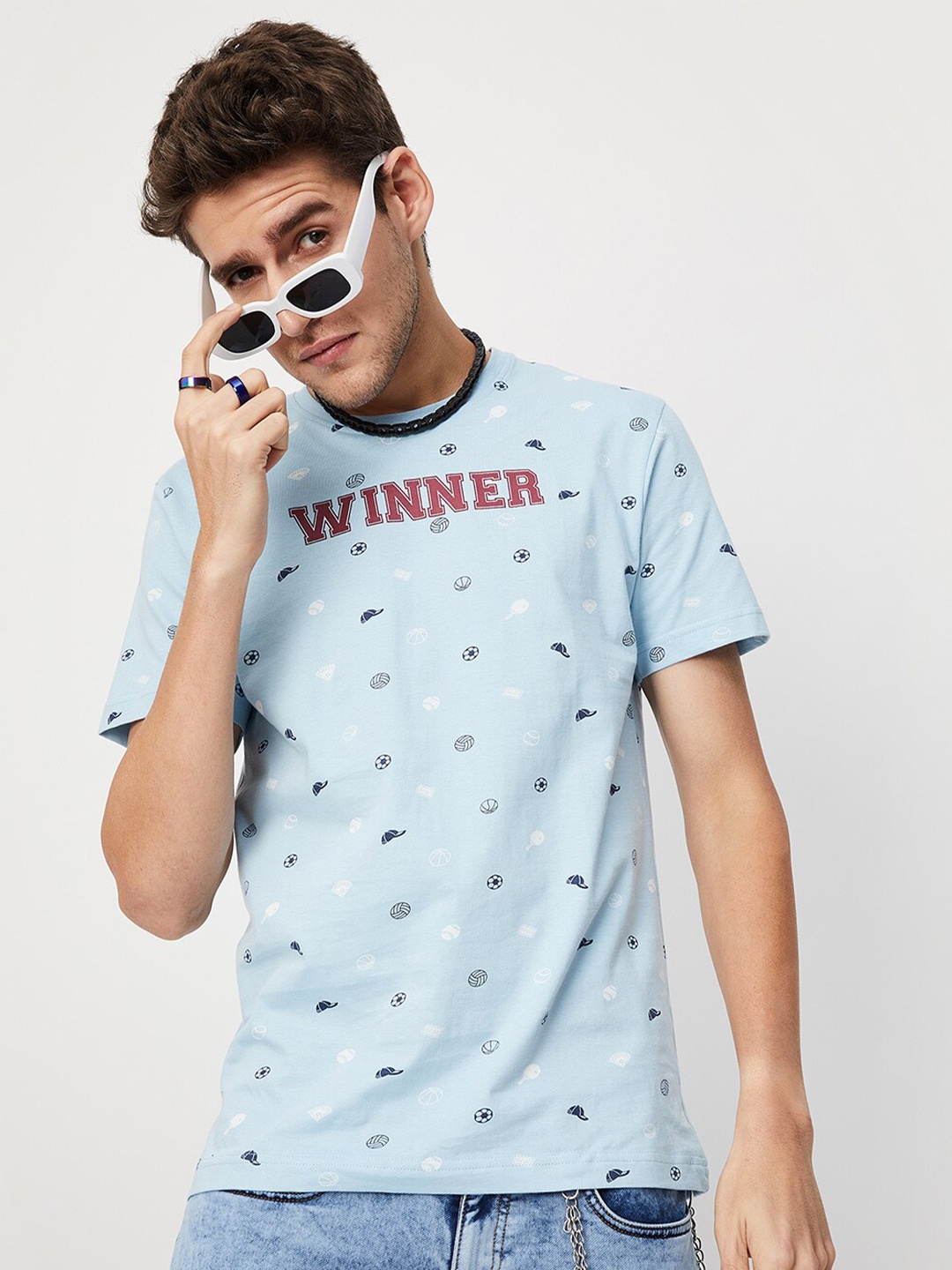 

max Men Blue Typography Printed Cotton T-shirt