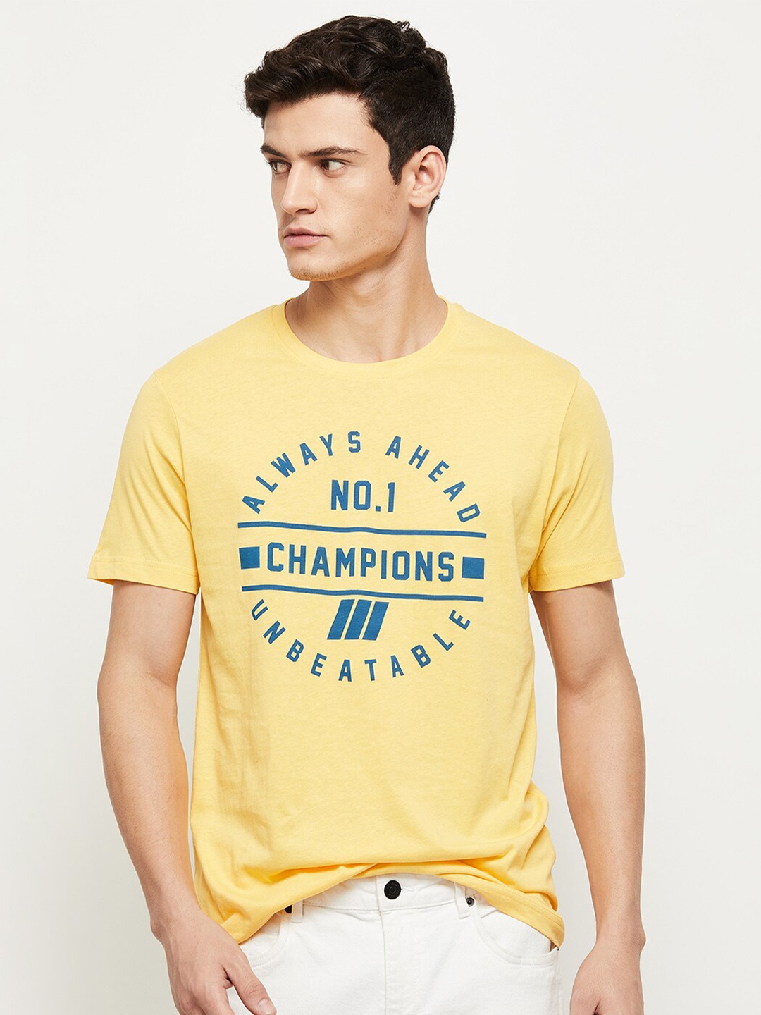 

max Men Yellow Typography Printed Cotton T-shirt