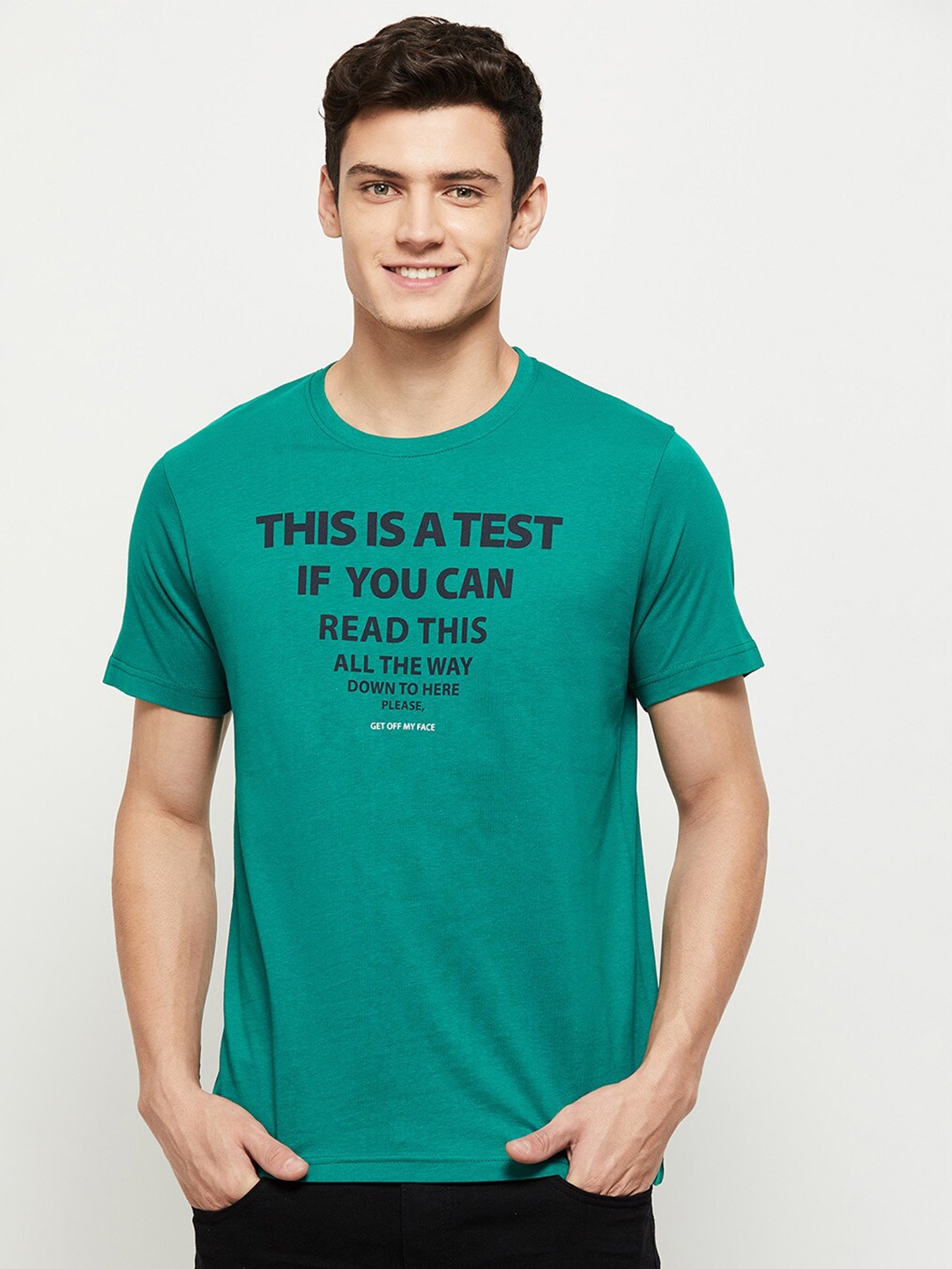 

max Men Green Typography Printed Cotton T-shirt