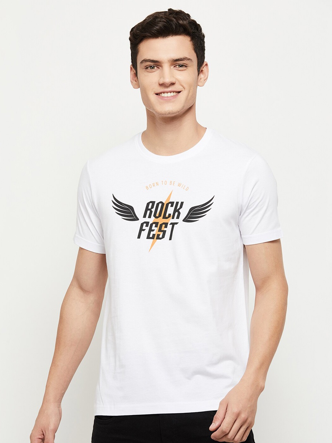 max Men White Typography Printed Cotton T-shirt