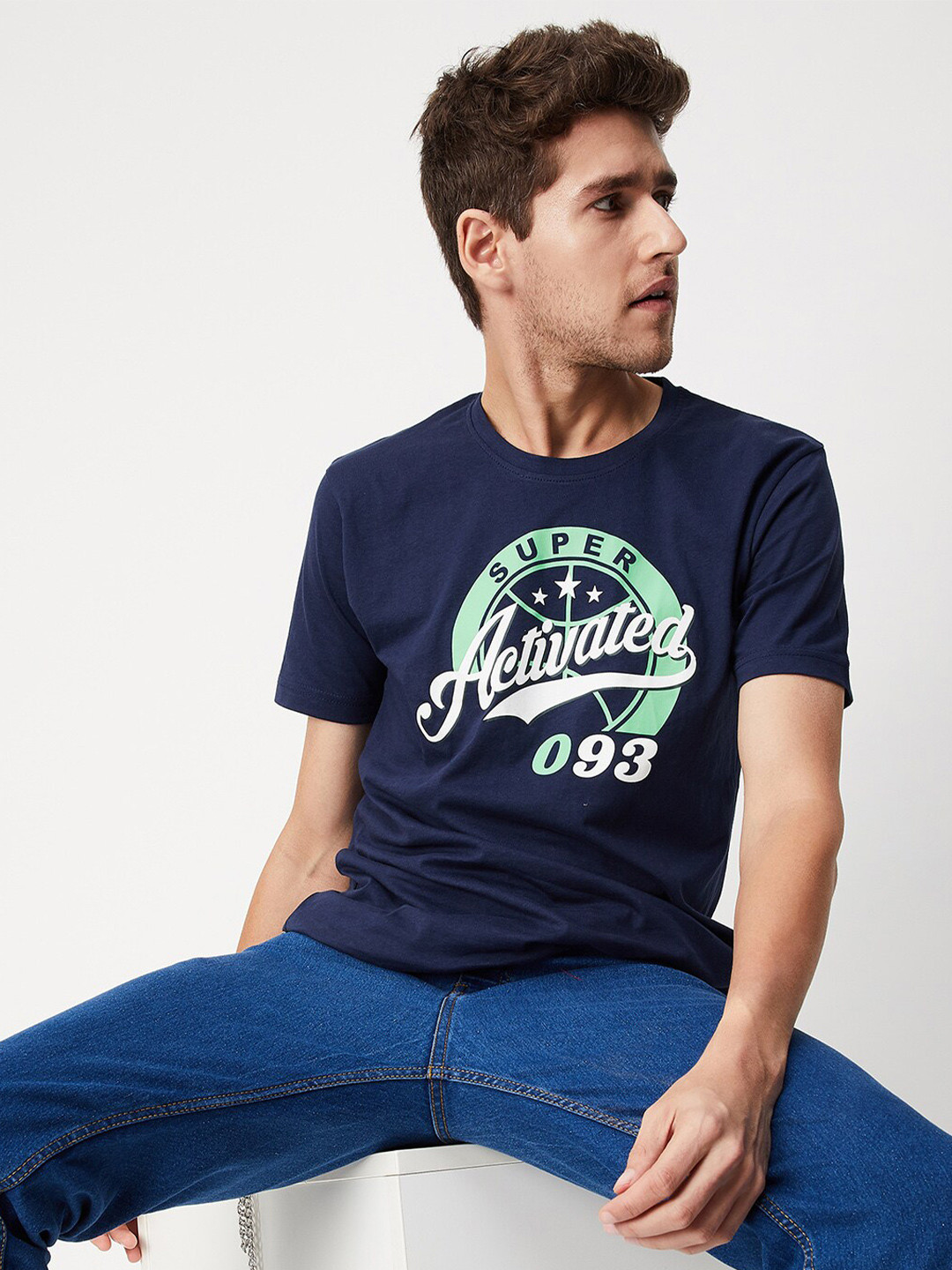 

max Men Blue Typography Printed T-shirt