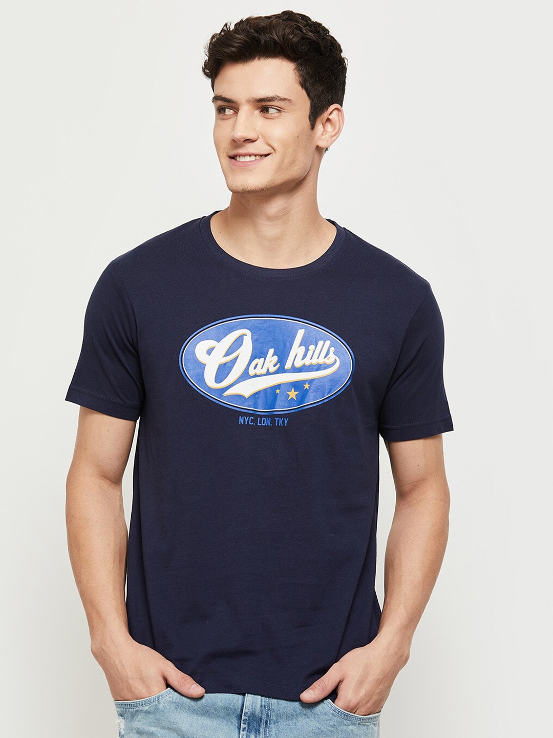 

max Men Blue Typography Printed T-shirt