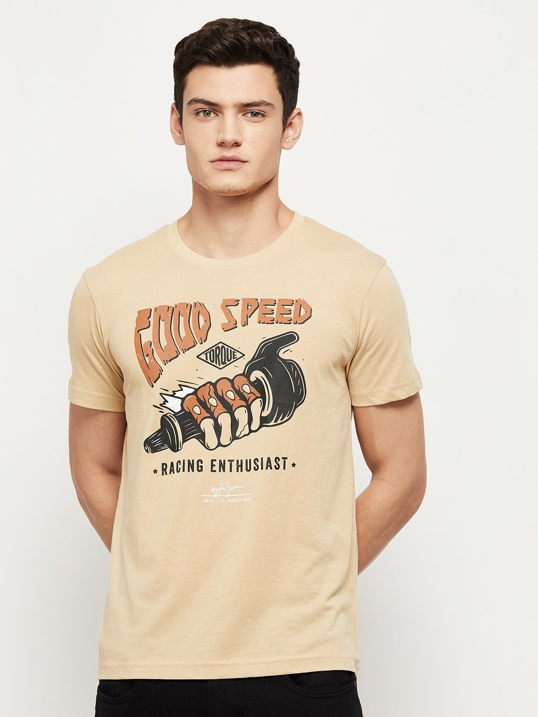 

max Men Beige Printed T-shirt