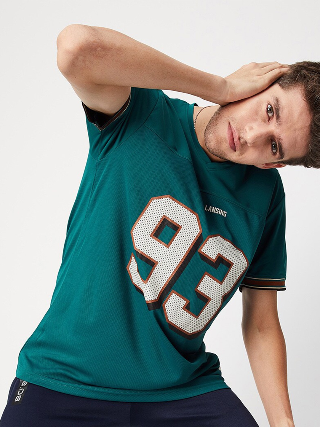 

max Men Teal Typography Printed Cotton V-Neck T-shirt