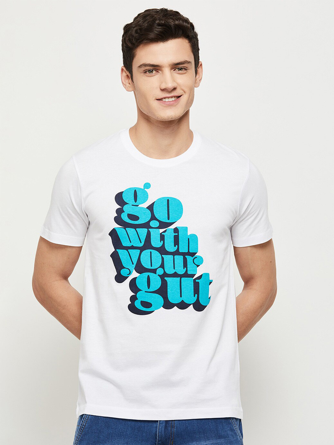 

max Men White & Blue Typography Printed Cotton T-shirt