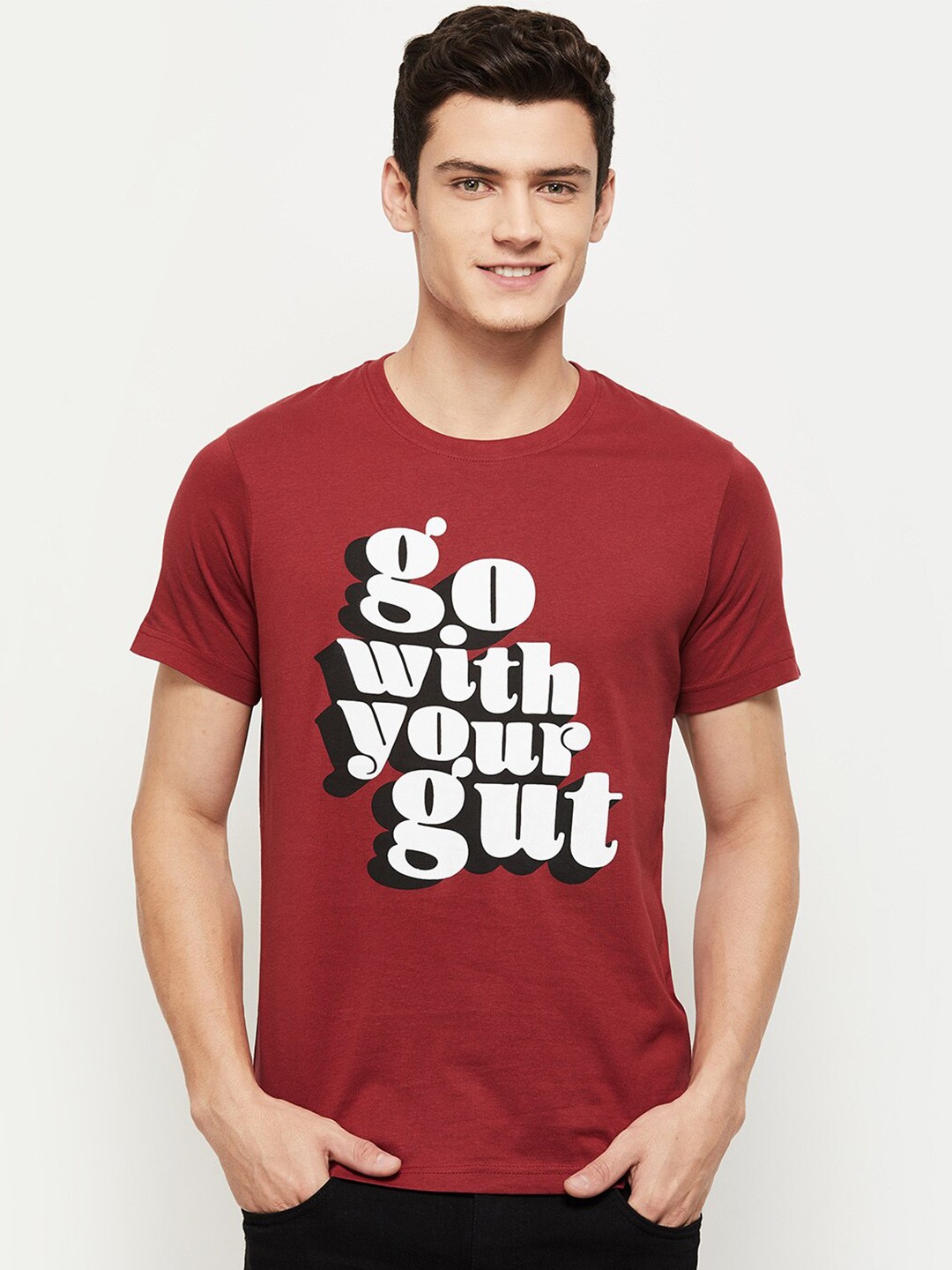 

max Men Maroon Typography Printed Cotton T-shirt