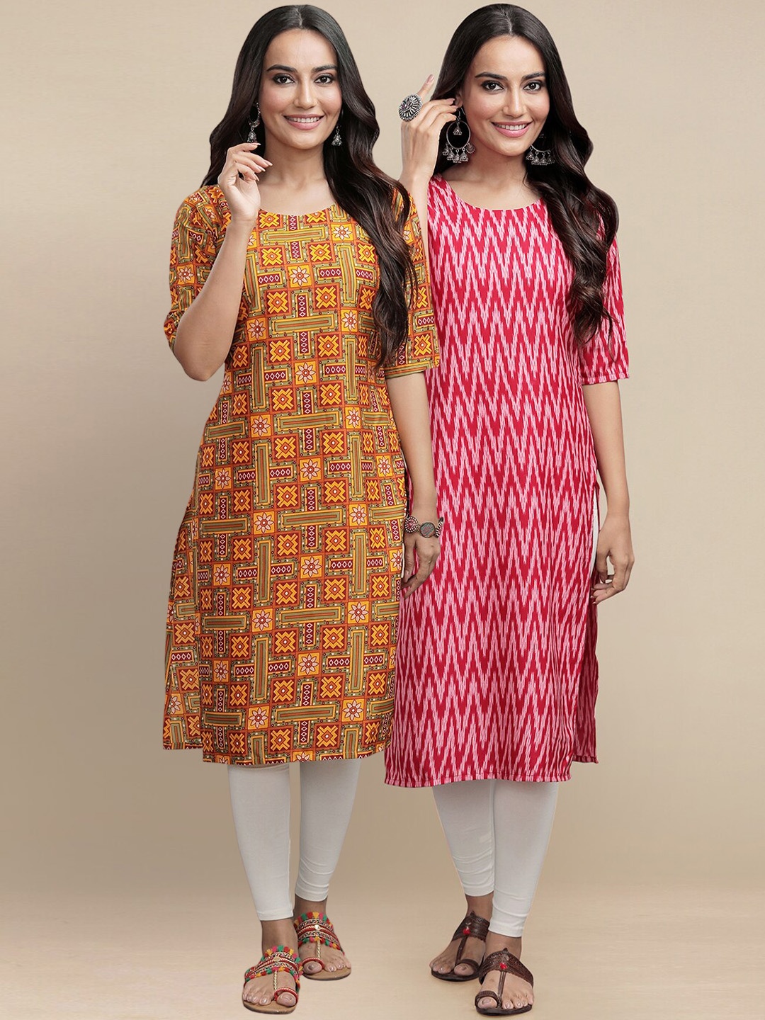 Ethnic basket Women Pack Of 2 Red & Mustard Yellow Printed Crepe Kurtas