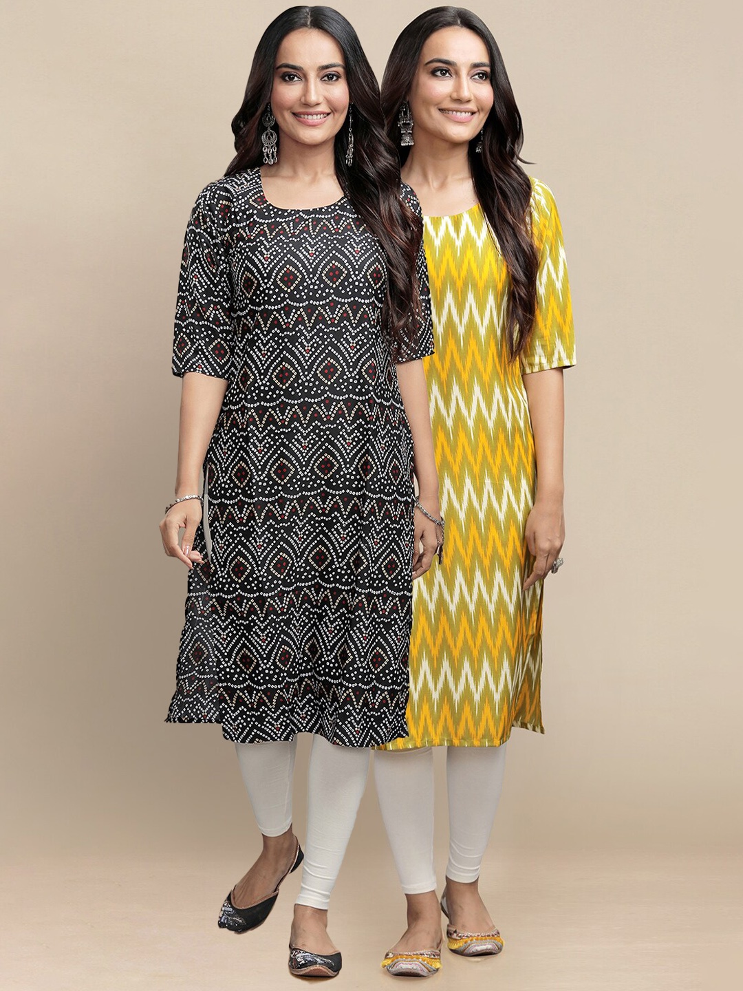 

Ethnic basket Women Pack Of 2 Black & Yellow Chevron Printed Crepe Kurtas