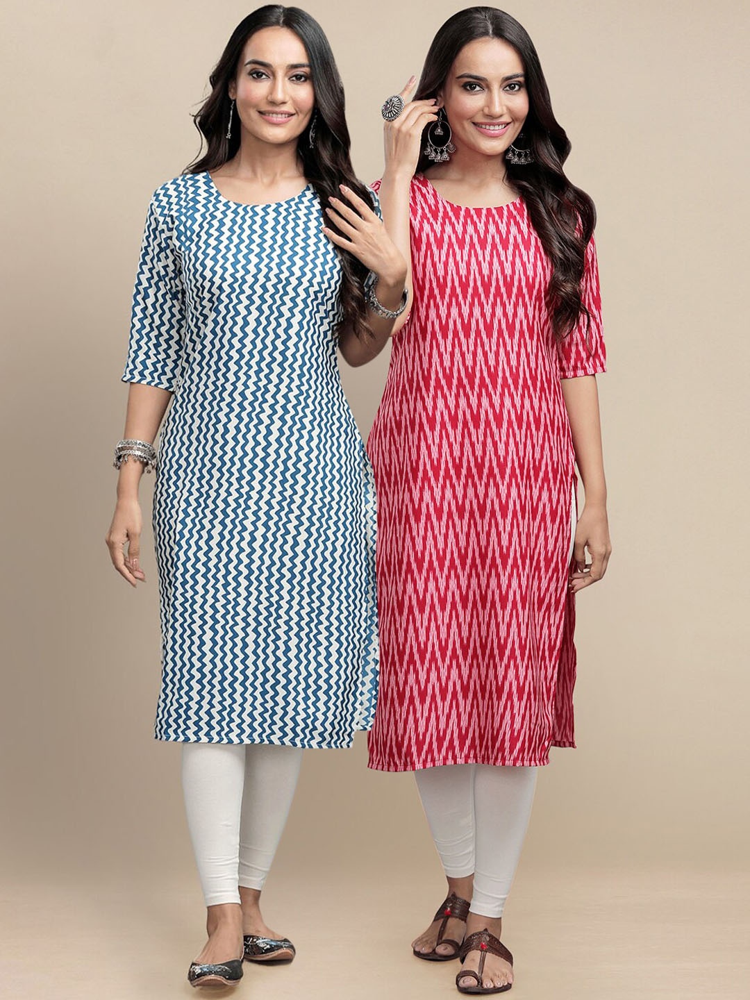 

Ethnic basket Women Pack Of 2 Blue & Red Chevron Printed Crepe Kurtas