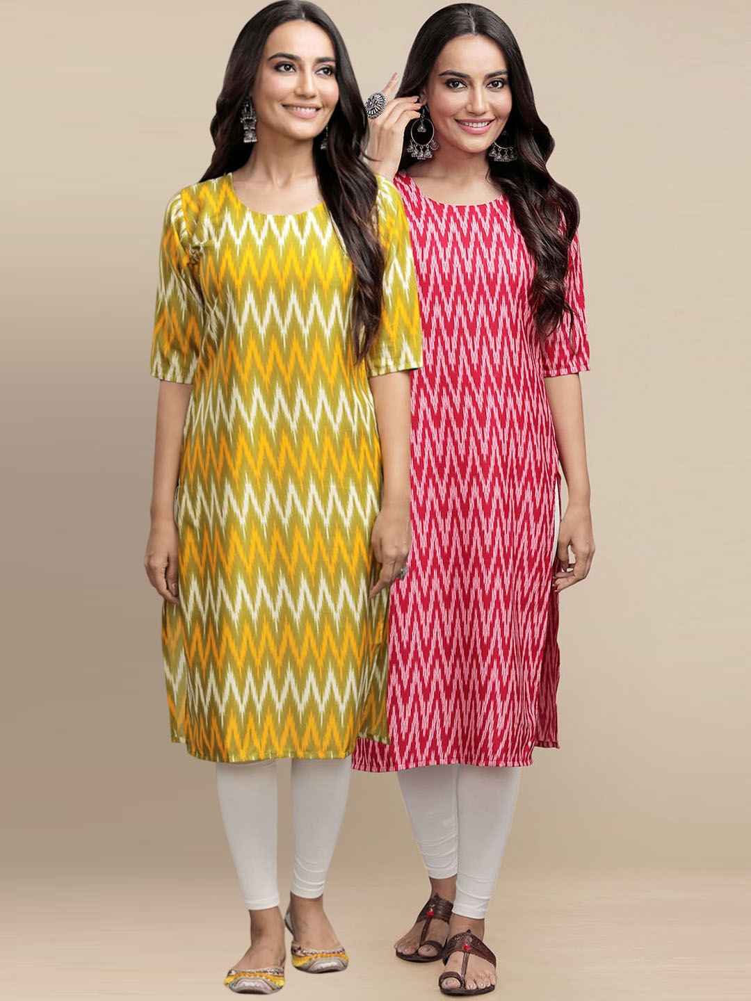 

Ethnic basket Women Pack Of 2 Yellow & Red Chevron Printed Crepe Kurtas