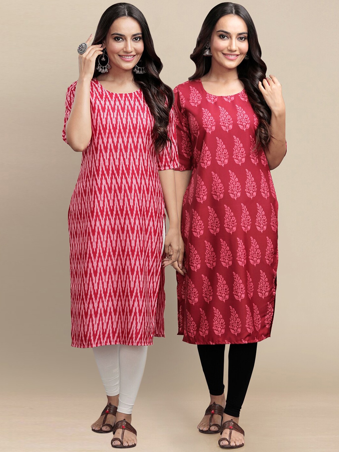 

Ethnic basket Pack Of 2 Geometric Printed Crepe Kurta, Red