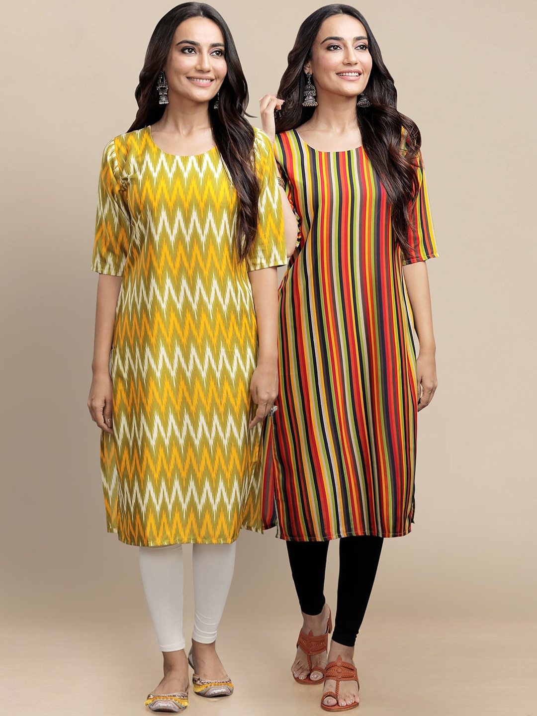 

Ethnic basket Pack Of 2 Geometric Printed Crepe Kurta, Yellow