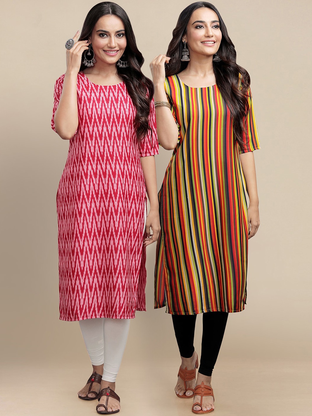 

Ethnic basket Pack Of 2 Geometric Printed Crepe Kurta, Red