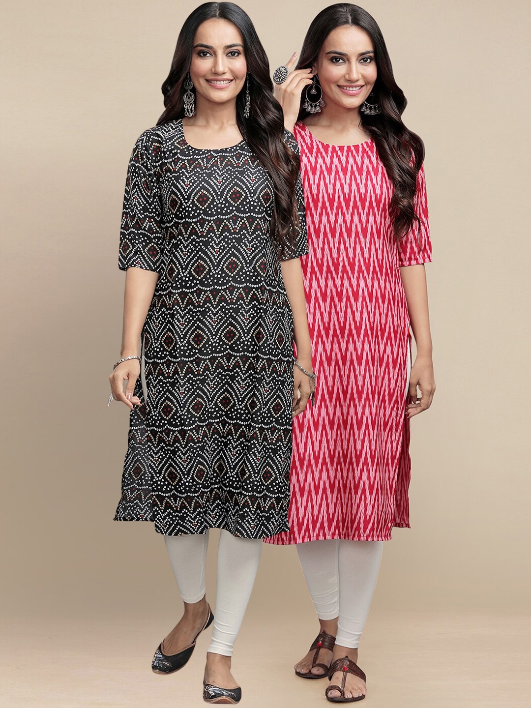 Ethnic basket Pack Of 2 Geometric Printed Crepe Kurta, Black