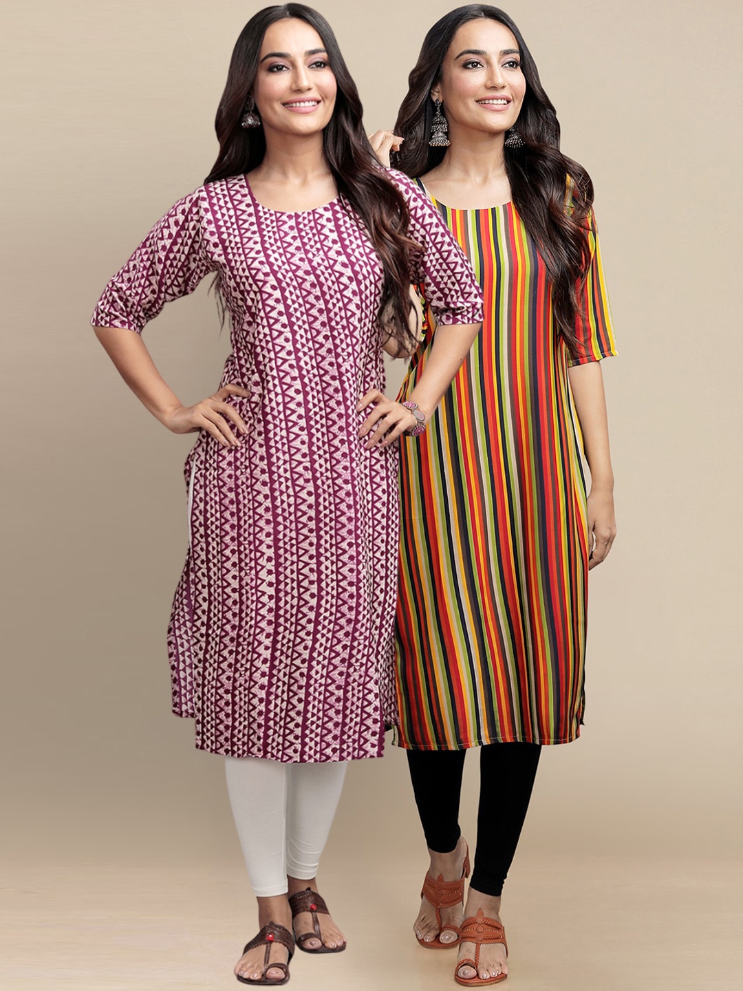 

Ethnic basket Women Pack Of 2 Maroon & Mustard Yellow Geometric Printed Crepe Kurtas